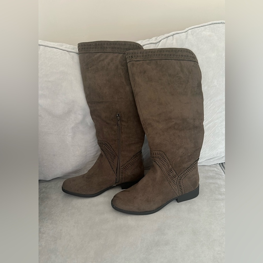 Brown Over the Knee Suede Boots with Rounded Toe